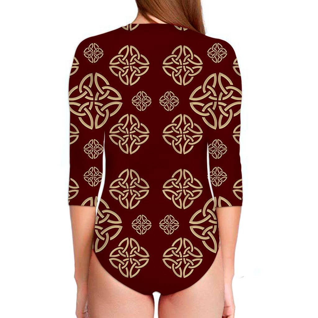 Celtic Knot Symbol Pattern Print Long Sleeve Swimsuit