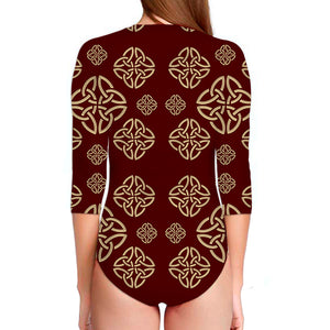 Celtic Knot Symbol Pattern Print Long Sleeve Swimsuit