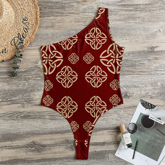 Celtic Knot Symbol Pattern Print One Shoulder Bodysuit