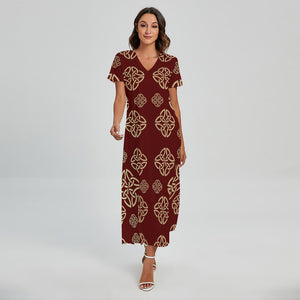 Celtic Knot Symbol Pattern Print Short Sleeve Maxi Dress