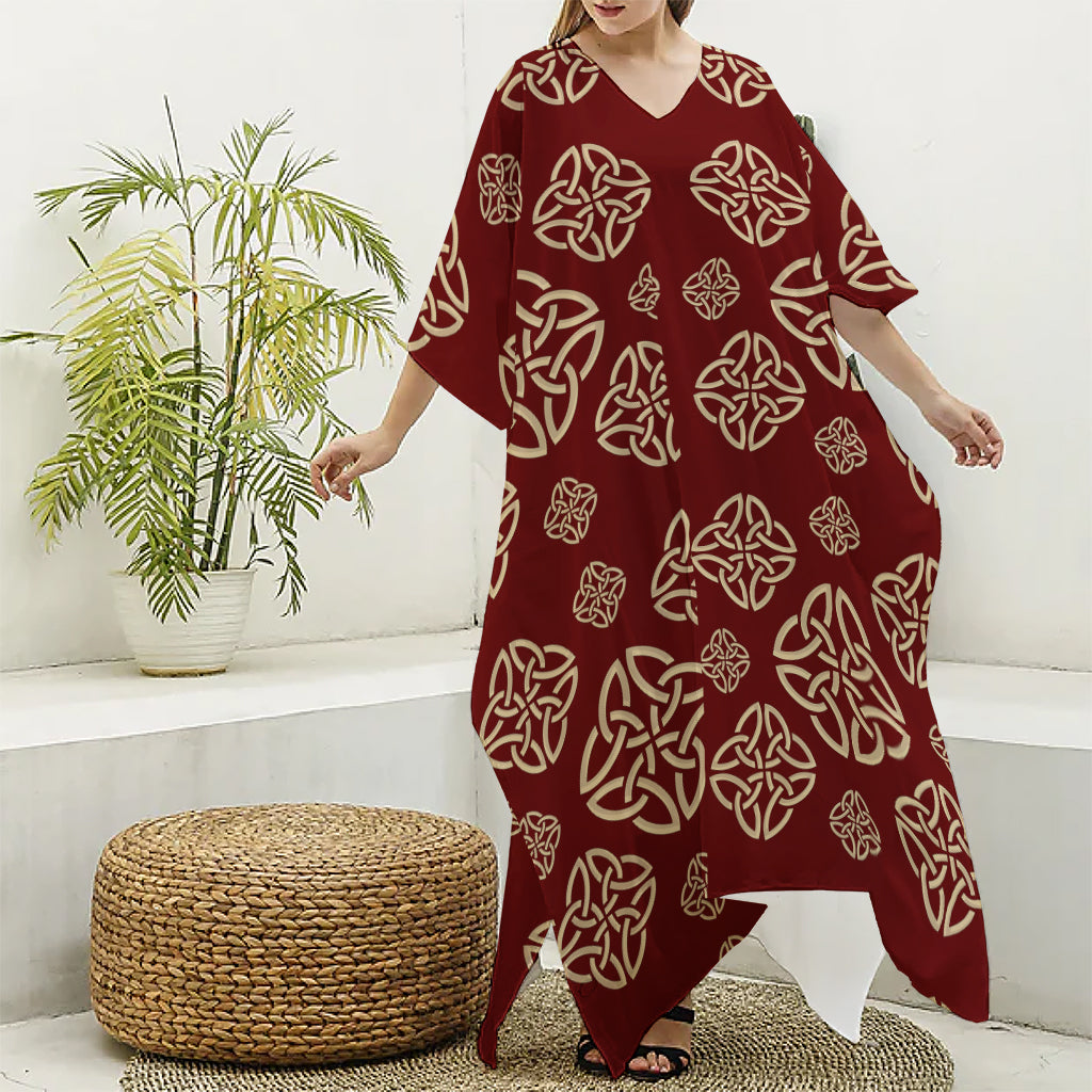 Celtic Knot Symbol Pattern Print Silk V-Neck Kaftan Dress