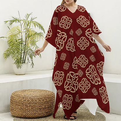 Celtic Knot Symbol Pattern Print Silk V-Neck Kaftan Dress