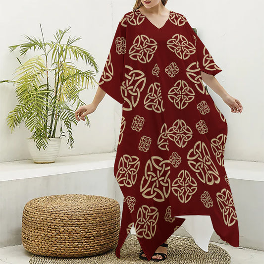 Celtic Knot Symbol Pattern Print Silk V-Neck Kaftan Dress