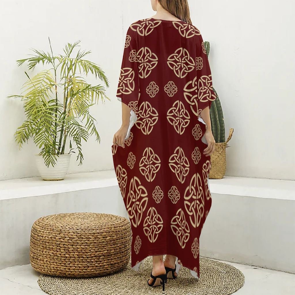 Celtic Knot Symbol Pattern Print Silk V-Neck Kaftan Dress