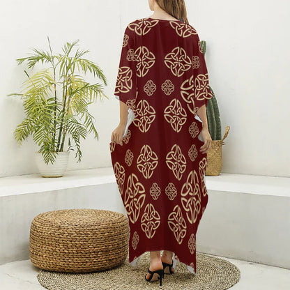 Celtic Knot Symbol Pattern Print Silk V-Neck Kaftan Dress