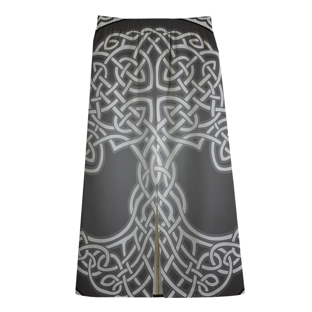 Celtic Knot Tree Of Life Print Cotton Front Slit Maxi Skirt