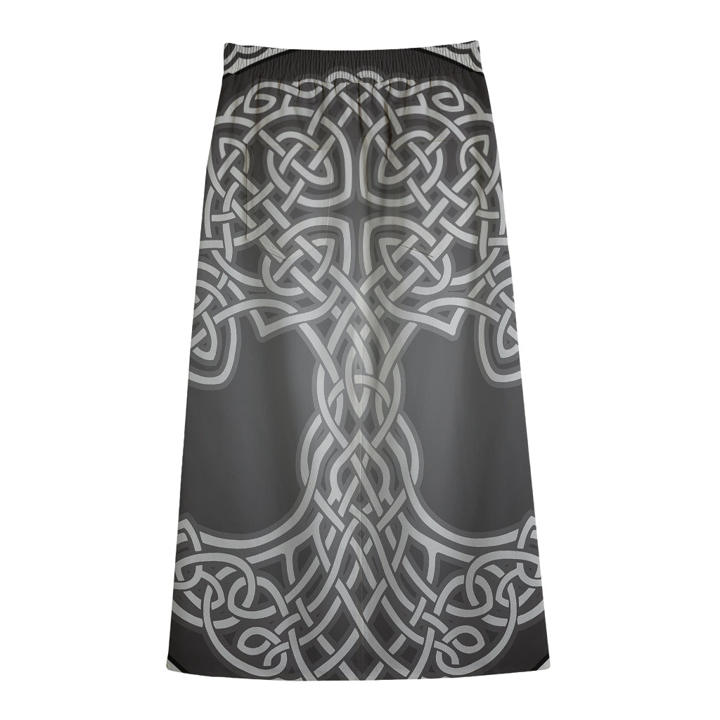 Celtic Knot Tree Of Life Print Cotton Front Slit Maxi Skirt