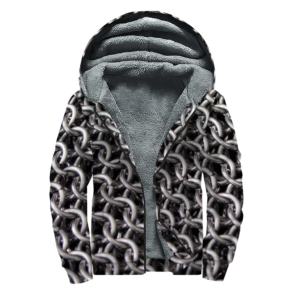Chainmail Ring Pattern Print Sherpa Lined Zip Up Hoodie