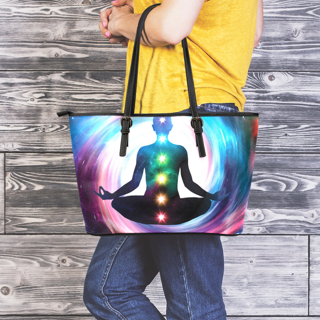 Chakras Of The Universe Print Leather Tote Bag