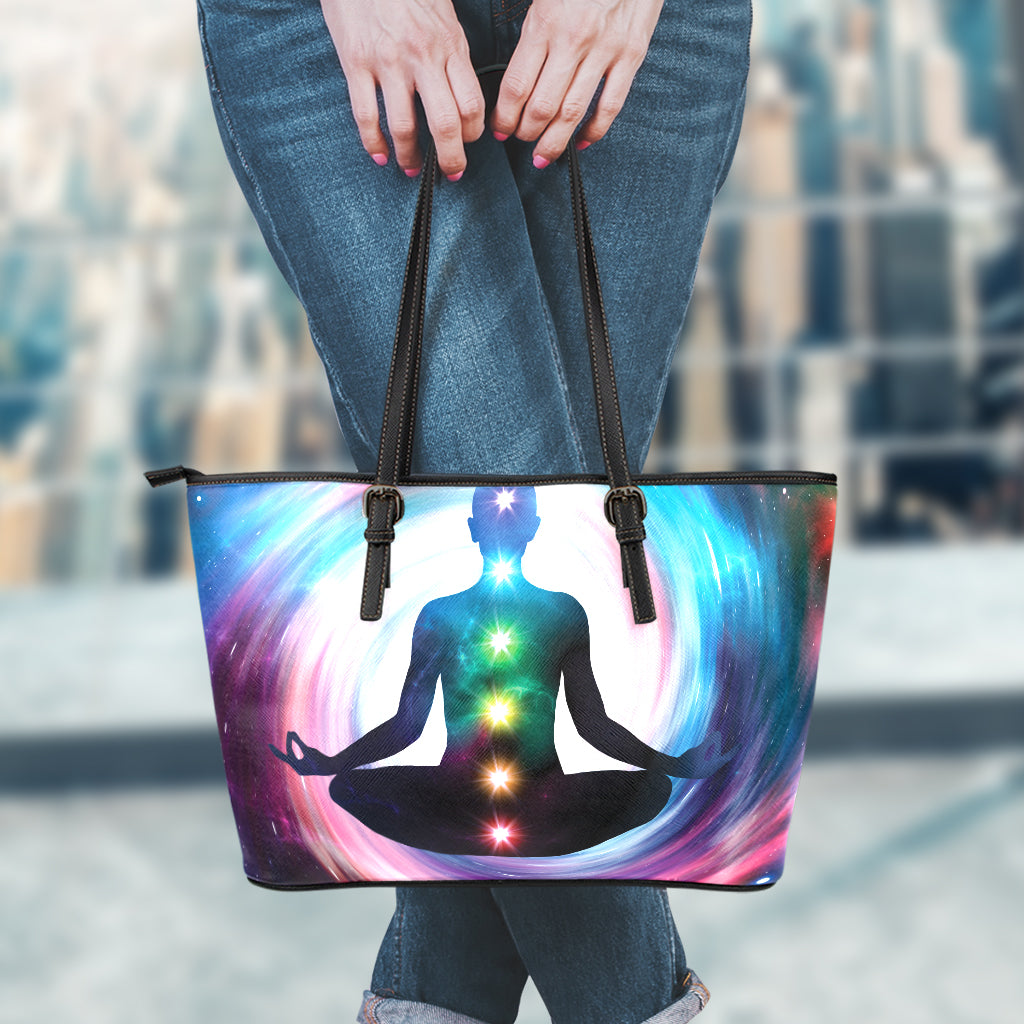 Chakras Of The Universe Print Leather Tote Bag