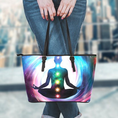 Chakras Of The Universe Print Leather Tote Bag
