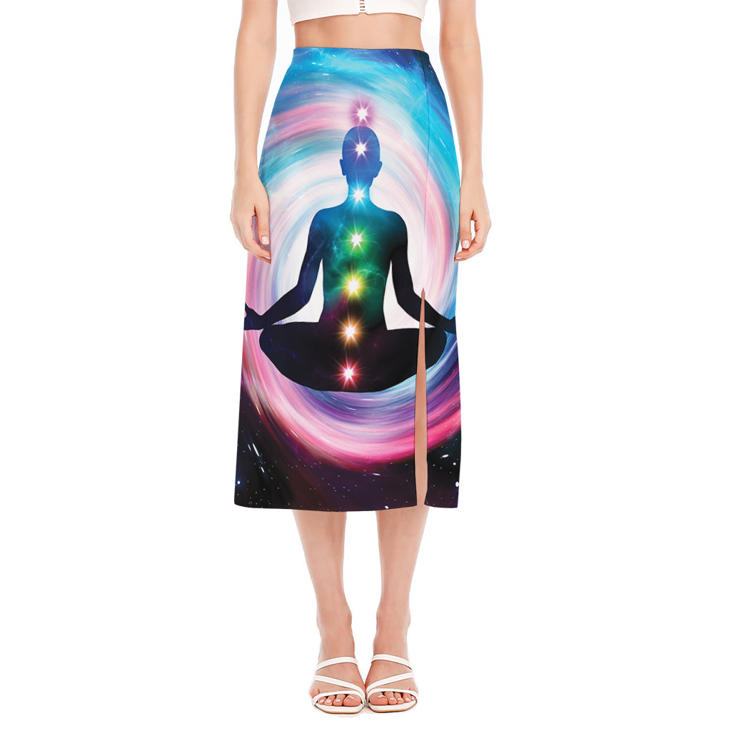 Chakras Of The Universe Print Side Slit Midi Skirt
