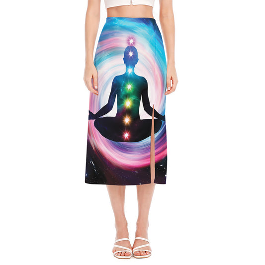 Chakras Of The Universe Print Side Slit Midi Skirt