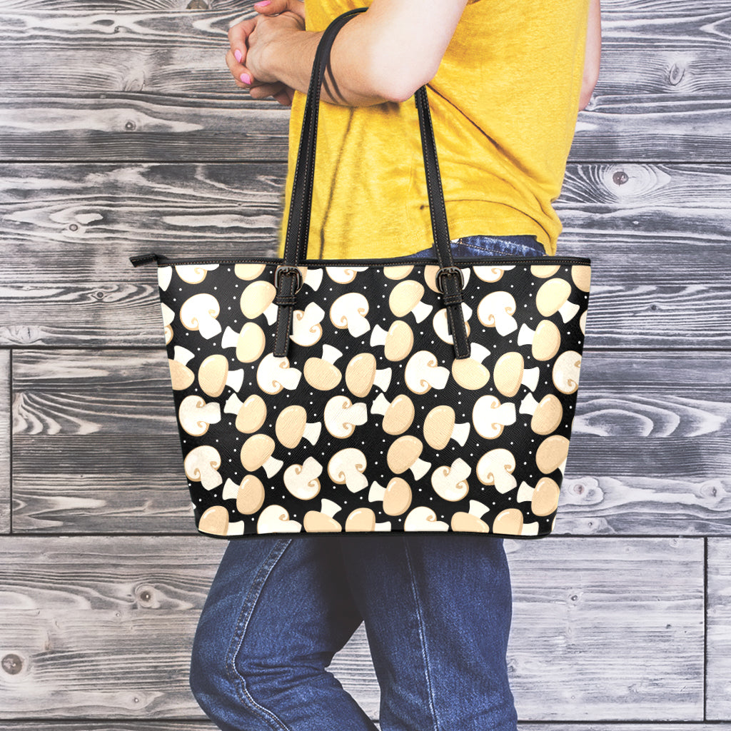 Champignon Mushroom Pattern Print Leather Tote Bag