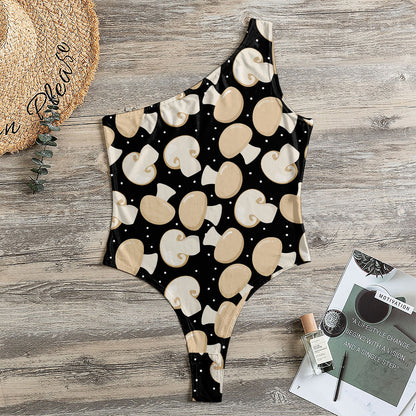 Champignon Mushroom Pattern Print One Shoulder Bodysuit