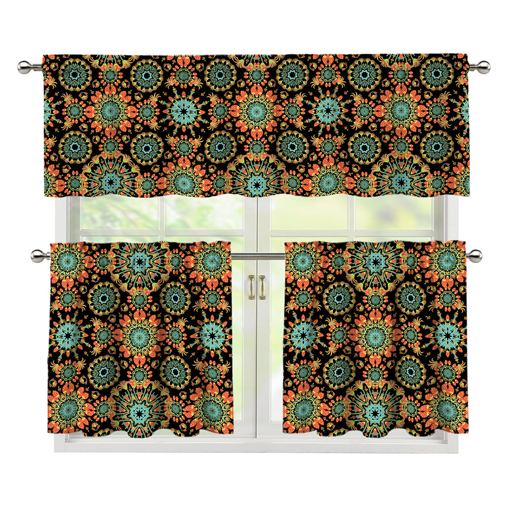 Chaotic Boho Floral Pattern Print 3 Piece Kitchen Curtains