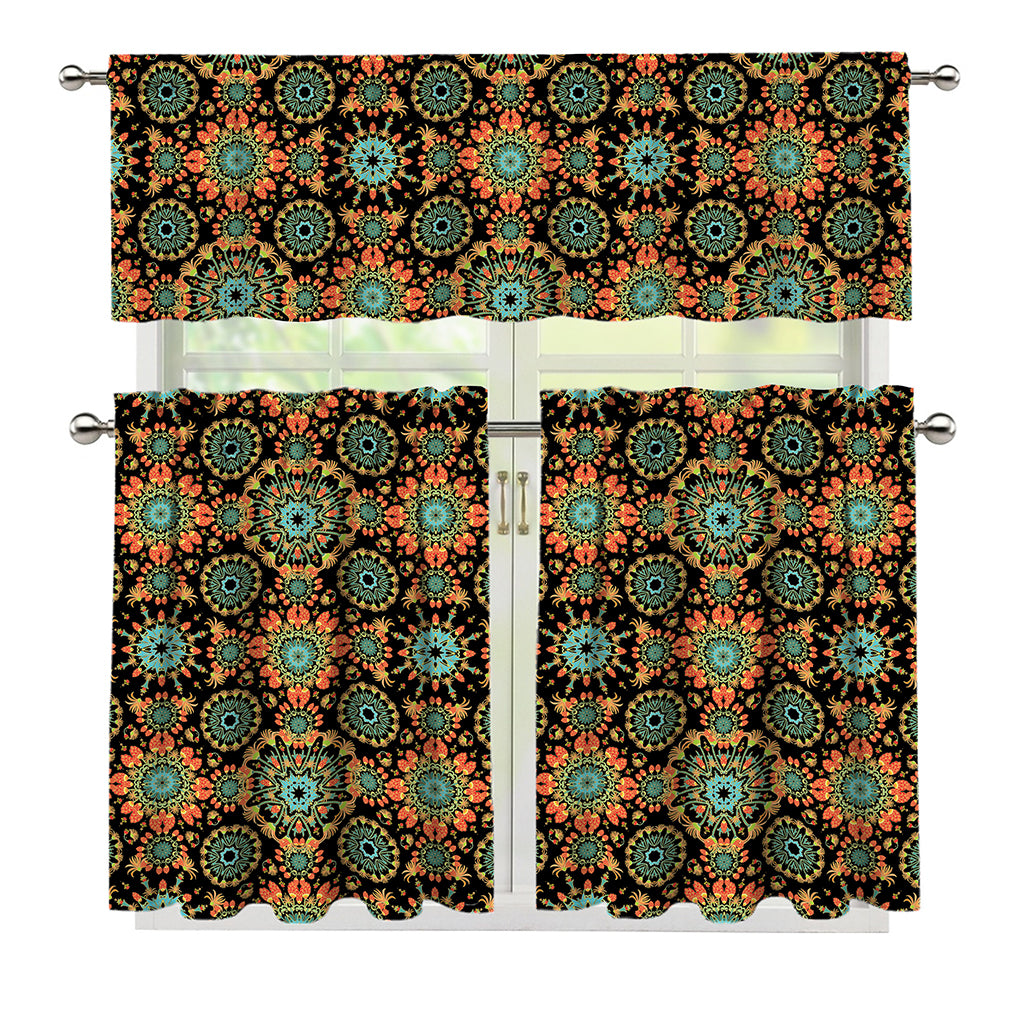Chaotic Boho Floral Pattern Print 3 Piece Kitchen Curtains