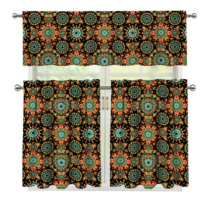 Chaotic Boho Floral Pattern Print 3 Piece Kitchen Curtains