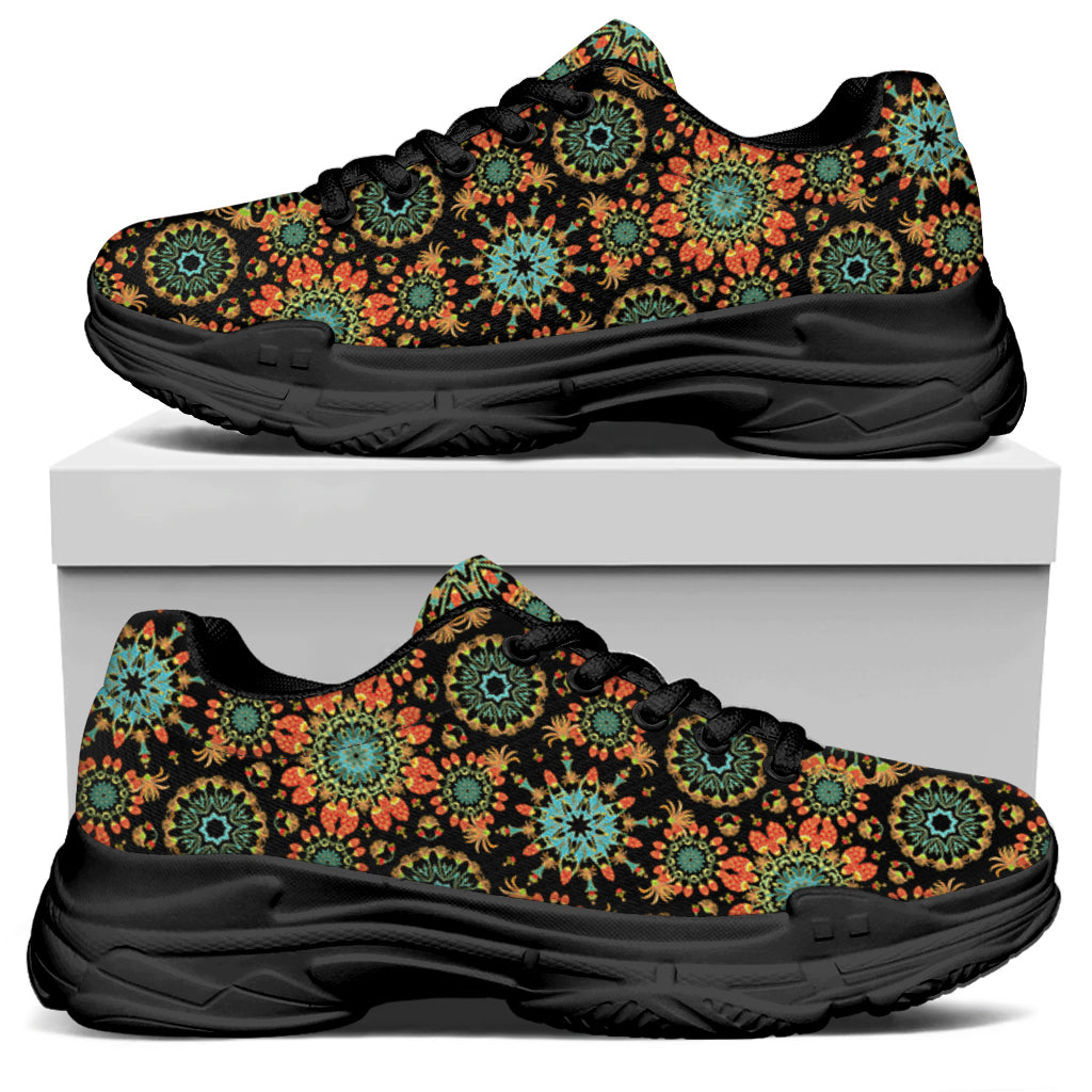 Chaotic Boho Floral Pattern Print Black Chunky Shoes