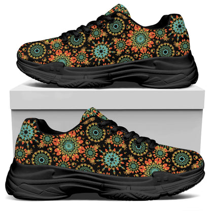 Chaotic Boho Floral Pattern Print Black Chunky Shoes