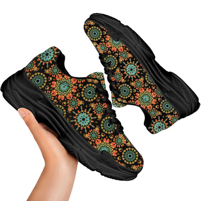 Chaotic Boho Floral Pattern Print Black Chunky Shoes