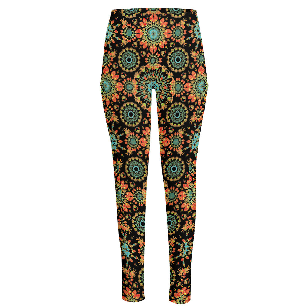 Chaotic Boho Floral Pattern Print High-Waisted Pocket Leggings