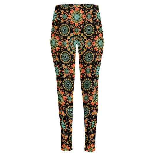 Chaotic Boho Floral Pattern Print High-Waisted Pocket Leggings