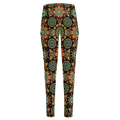 Chaotic Boho Floral Pattern Print High-Waisted Pocket Leggings