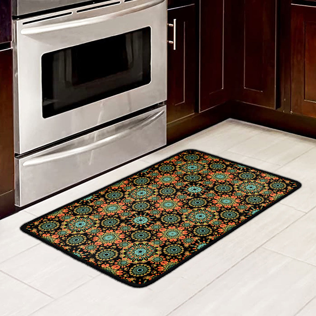 Chaotic Boho Floral Pattern Print Kitchen Mat