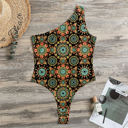 Chaotic Boho Floral Pattern Print One Shoulder Bodysuit