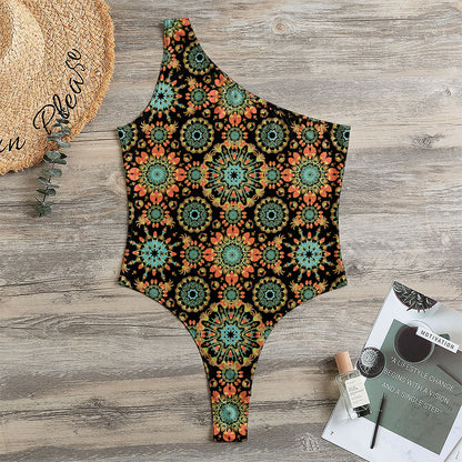 Chaotic Boho Floral Pattern Print One Shoulder Bodysuit