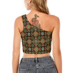 Chaotic Boho Floral Pattern Print One Shoulder Crop Top
