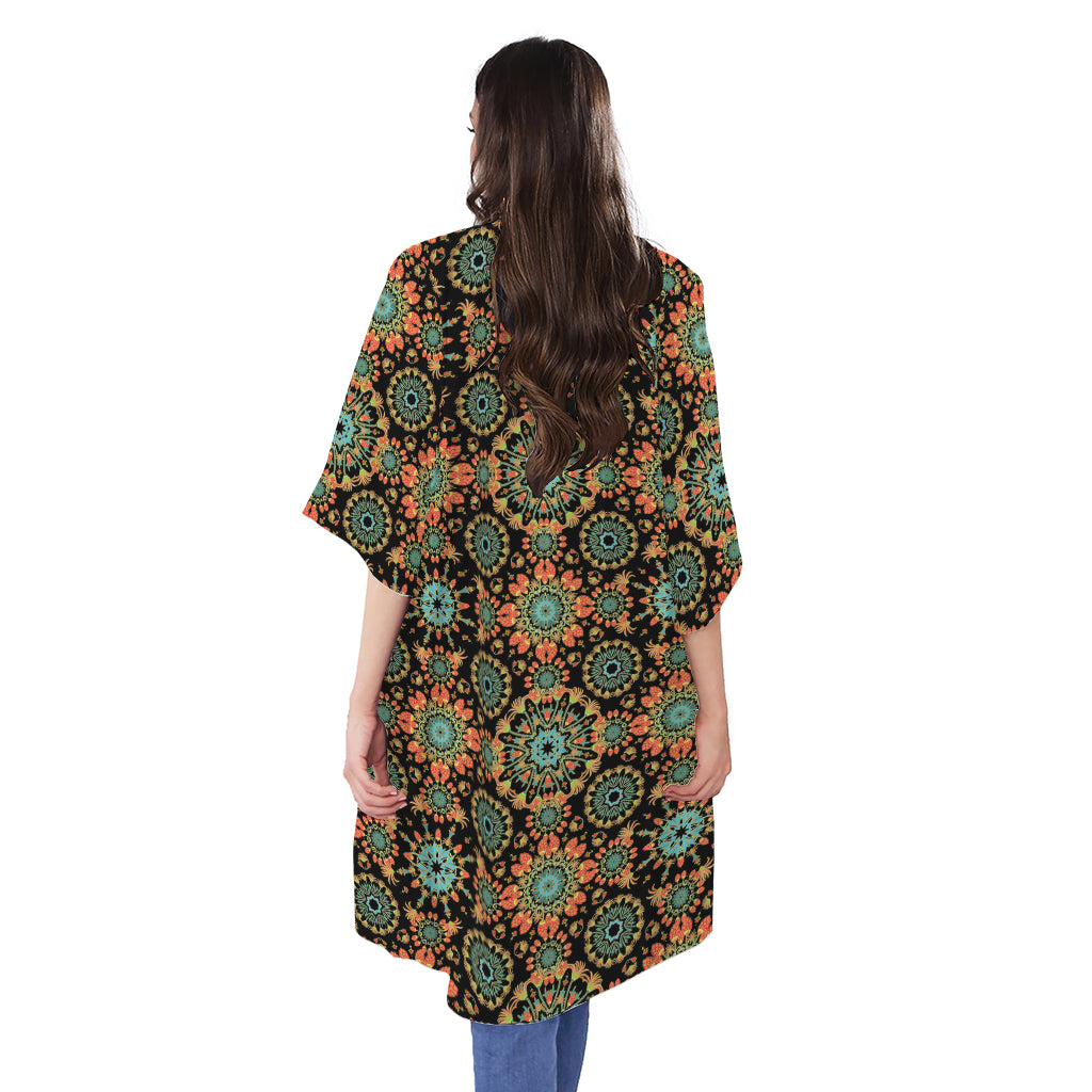 Chaotic Boho Floral Pattern Print Open Front Beach Cover Up