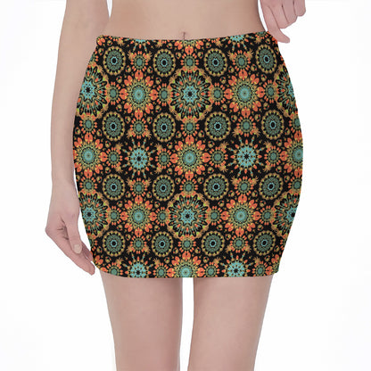 Chaotic Boho Floral Pattern Print Pencil Mini Skirt