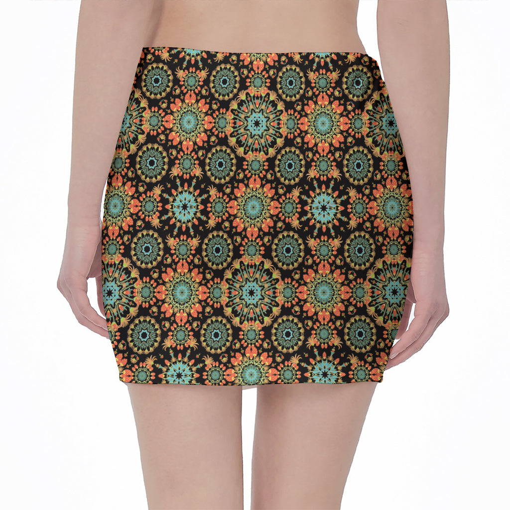 Chaotic Boho Floral Pattern Print Pencil Mini Skirt