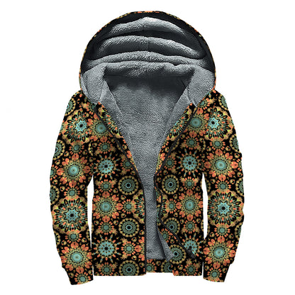 Chaotic Boho Floral Pattern Print Sherpa Lined Zip Up Hoodie