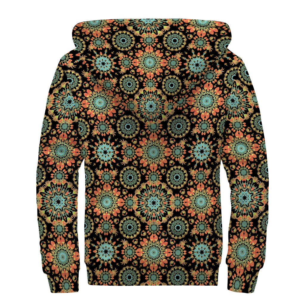 Chaotic Boho Floral Pattern Print Sherpa Lined Zip Up Hoodie