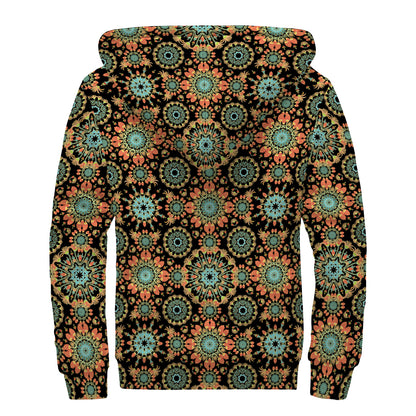 Chaotic Boho Floral Pattern Print Sherpa Lined Zip Up Hoodie