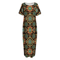 Chaotic Boho Floral Pattern Print Short Sleeve Long Nightdress