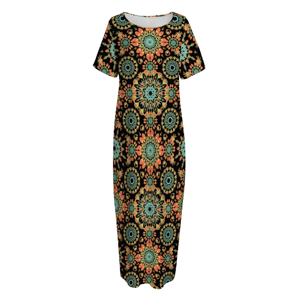 Chaotic Boho Floral Pattern Print Short Sleeve Long Nightdress