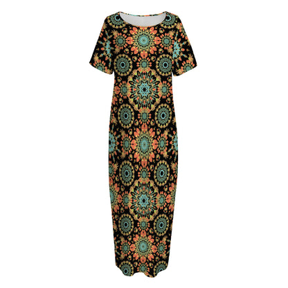 Chaotic Boho Floral Pattern Print Short Sleeve Long Nightdress