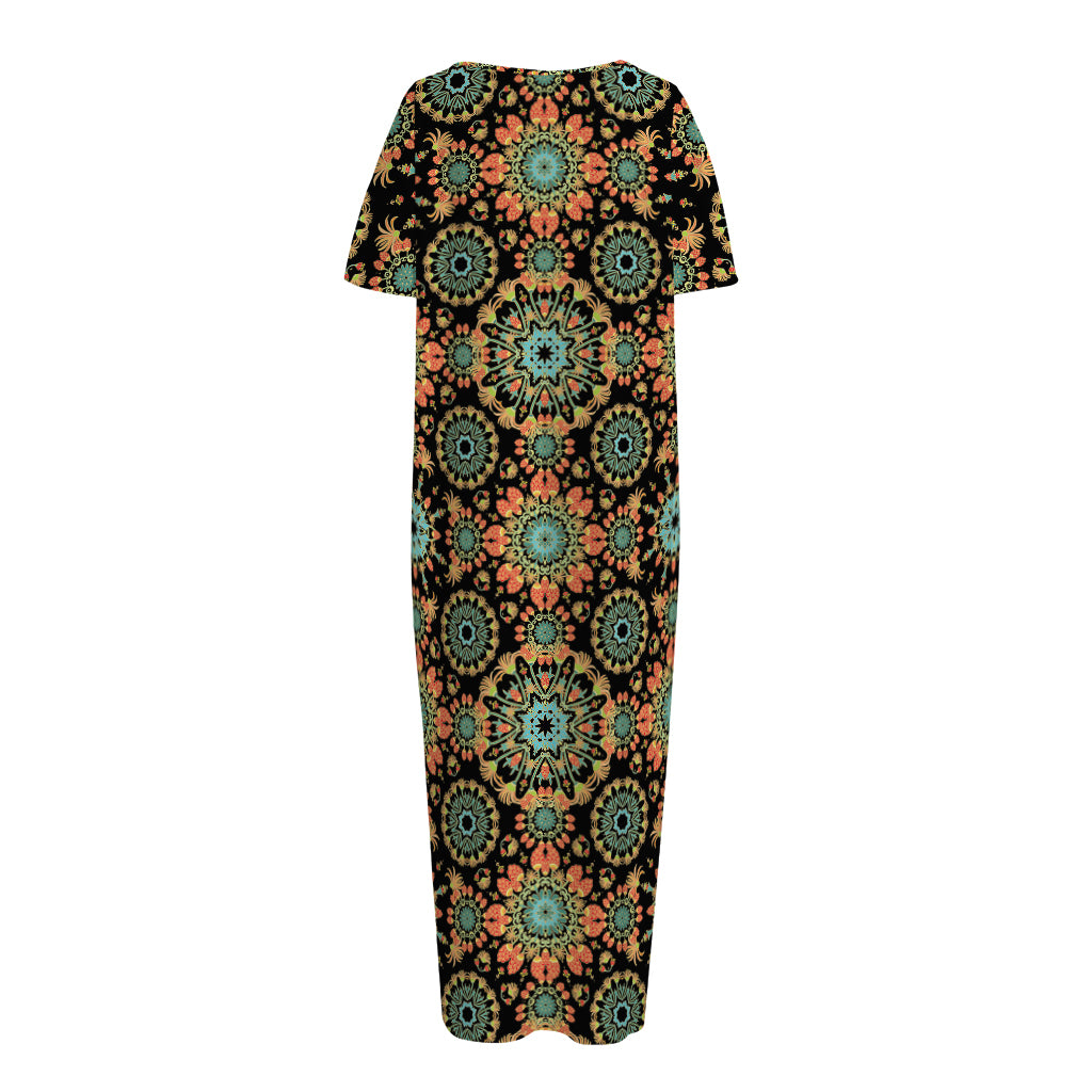 Chaotic Boho Floral Pattern Print Short Sleeve Long Nightdress