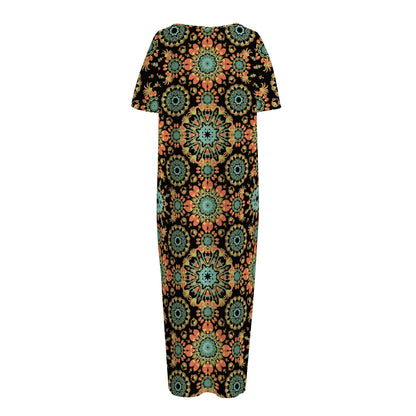 Chaotic Boho Floral Pattern Print Short Sleeve Long Nightdress