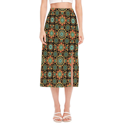 Chaotic Boho Floral Pattern Print Side Slit Midi Skirt