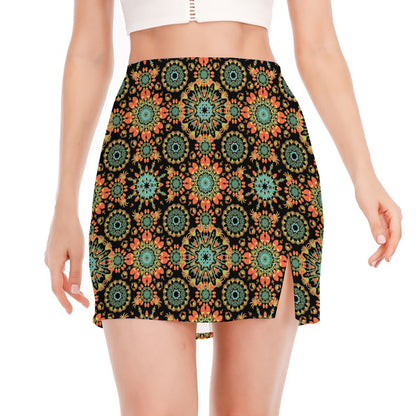 Chaotic Boho Floral Pattern Print Side Slit Mini Skirt