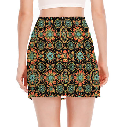 Chaotic Boho Floral Pattern Print Side Slit Mini Skirt