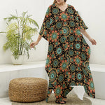 Chaotic Boho Floral Pattern Print Silk V-Neck Kaftan Dress