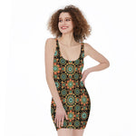 Chaotic Boho Floral Pattern Print Sleeveless Bodycon Dress