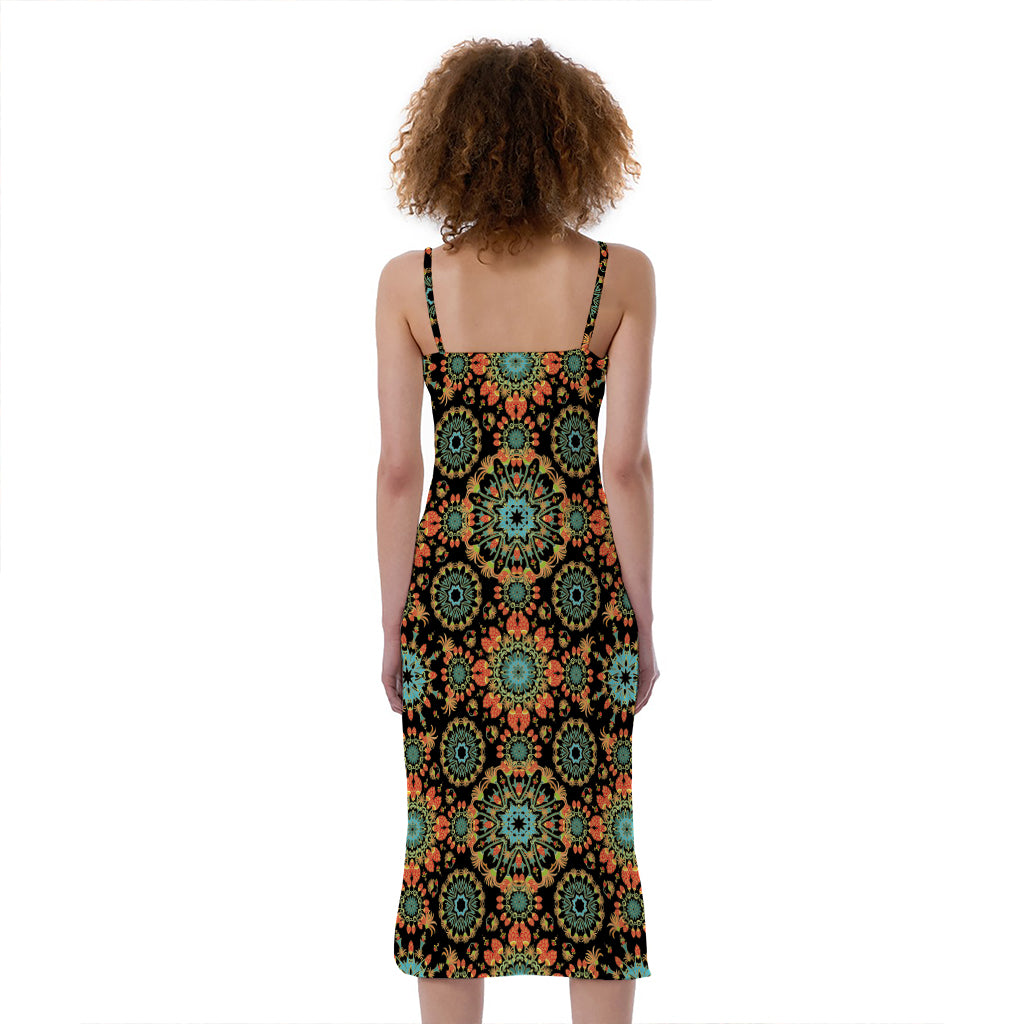 Chaotic Boho Floral Pattern Print Slim Fit Midi Cami Dress
