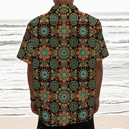 Chaotic Boho Floral Pattern Print Textured Short Sleeve Shirt